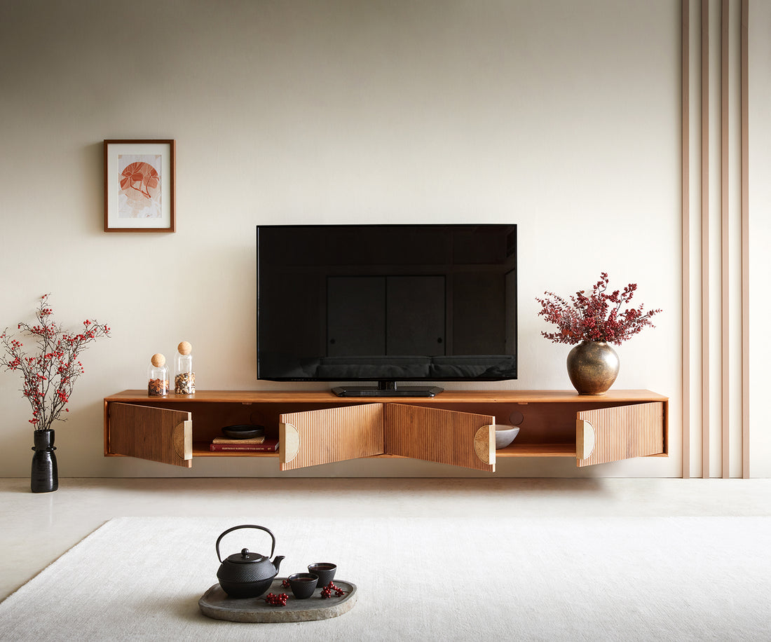 Floating TV Stand Surimu 240cm Acacia Wood Light Brown 4 Doors Cork Handle