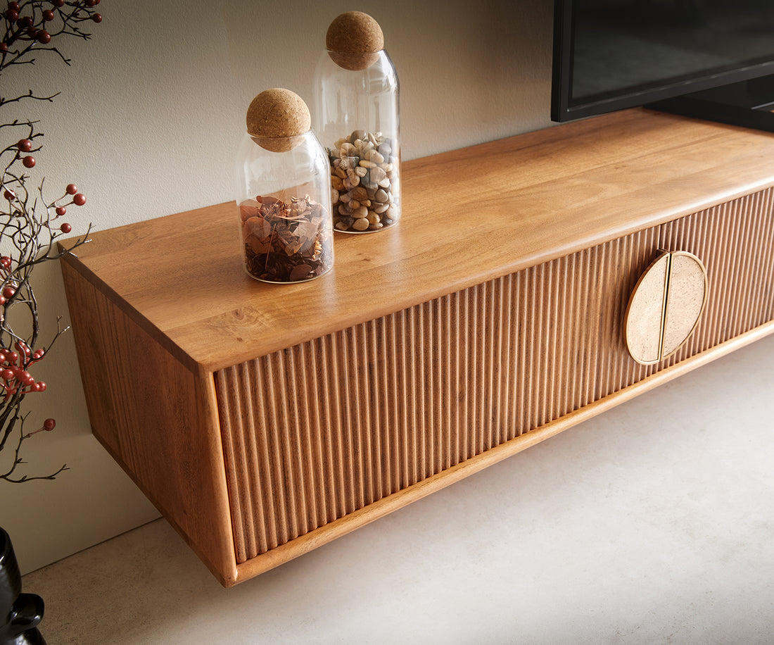 Floating TV Stand Surimu 240cm Acacia Wood Light Brown 4 Doors Cork Handle