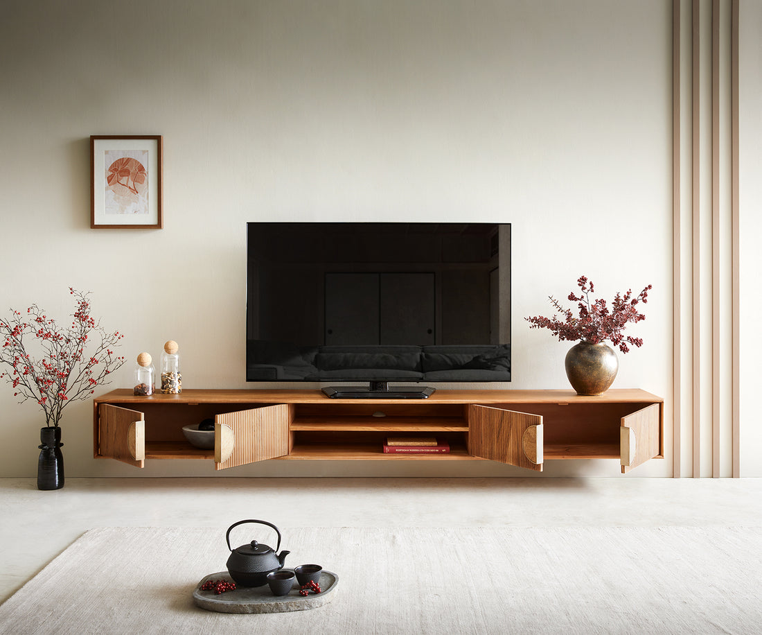 Floating TV Stand Surimu 240cm Acacia Wood Light Brown 4 Doors 2 Compartments Cork Handle
