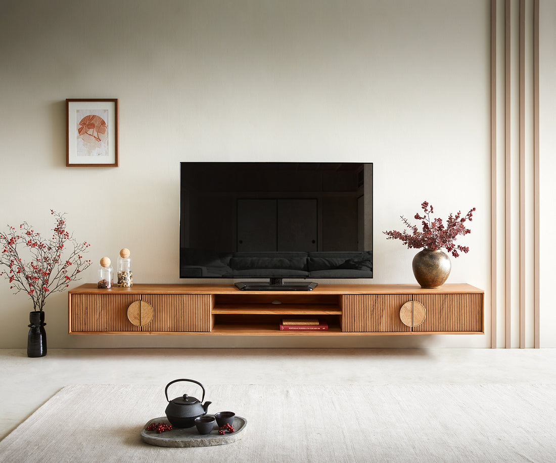 Floating TV Stand Surimu 240cm Acacia Wood Light Brown 4 Doors 2 Compartments Cork Handle
