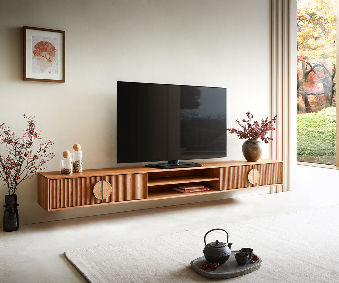 Floating TV Stand Surimu 240cm Acacia Wood Light Brown 4 Doors 2 Compartments Cork Handle
