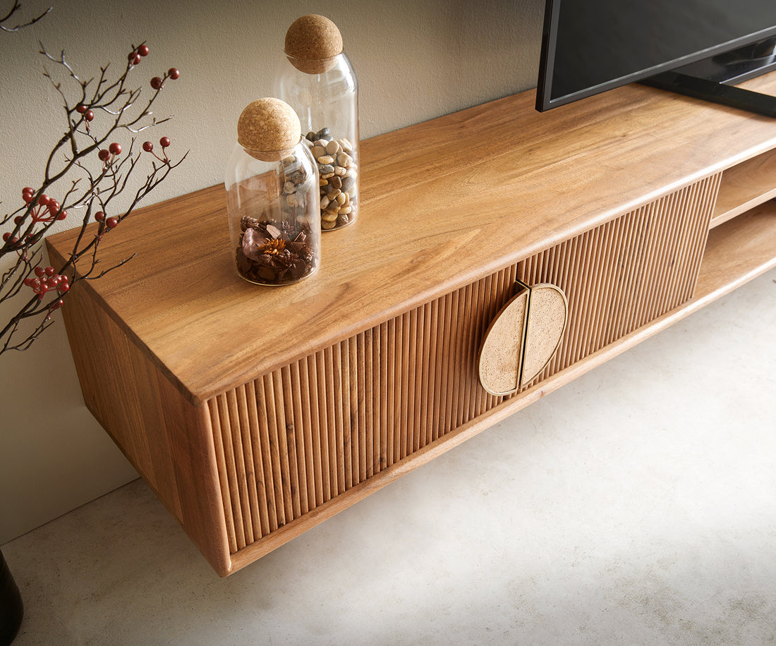Floating TV Stand Surimu 240cm Acacia Wood Light Brown 4 Doors 2 Compartments Cork Handle