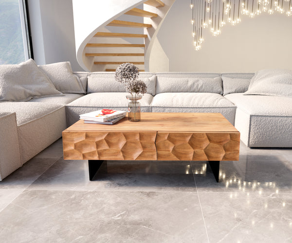 Coffee Table Solu 120x70cm Acacia Wood Natural 4 Drawers 3D Front