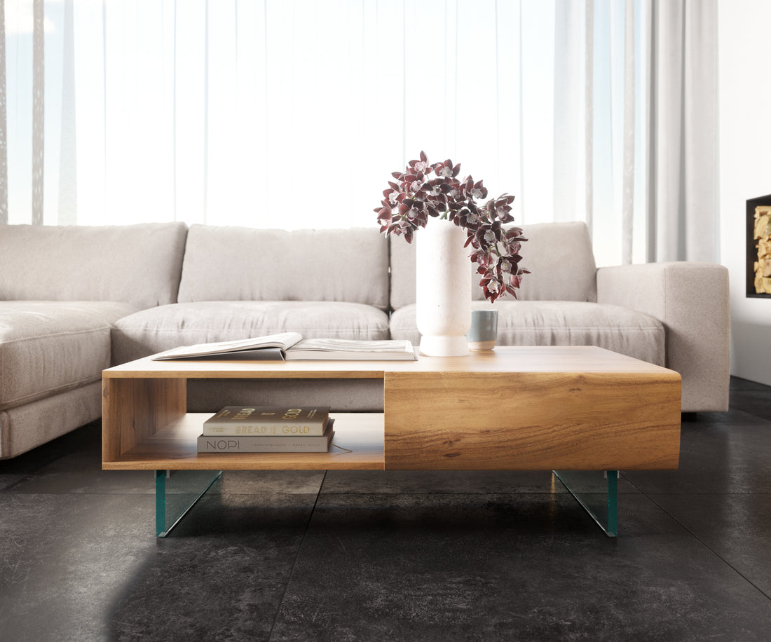 Coffee Table New Live-Edge 115x60cm 2 Drawers 1 Compartment Acacia Wood Natural Glass Base