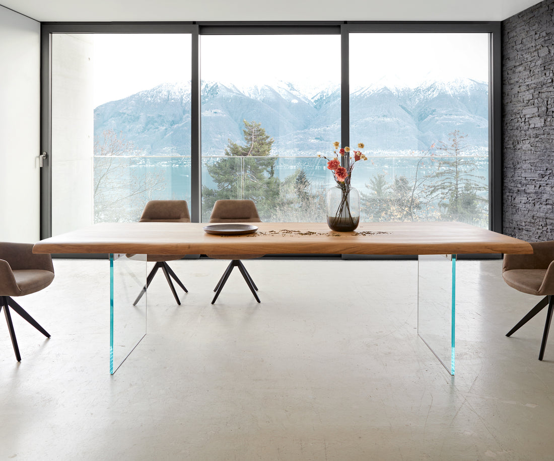 Dining Table Olympus Live Edge 260cm Acacia Wood Natural Glass Frame 55mm Top