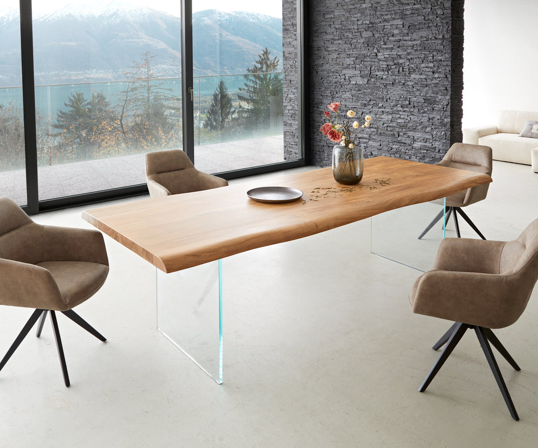 Dining Table Olympus Live Edge 260cm Acacia Wood Natural Glass Frame 55mm Top