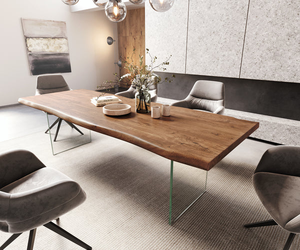 Dining Table Olympus Live Edge Acacia Wood Brown Glass Frame 180-300cm