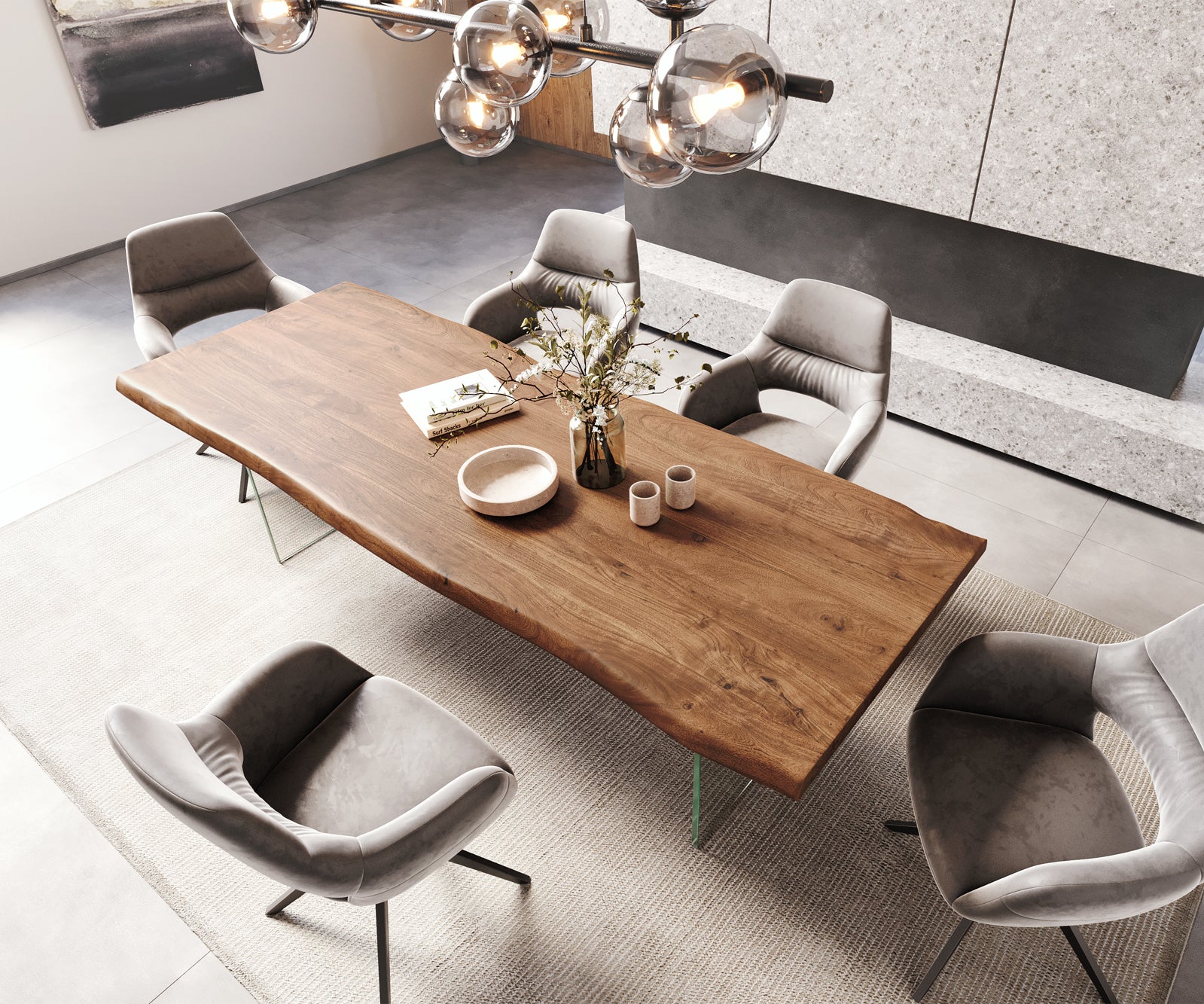 Dining Table Olympus Live Edge Acacia Wood Brown Glass Frame 180-300cm