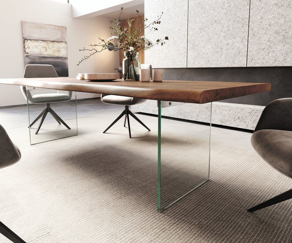 Dining Table Olympus Live Edge Acacia Wood Brown Glass Frame 180-300cm
