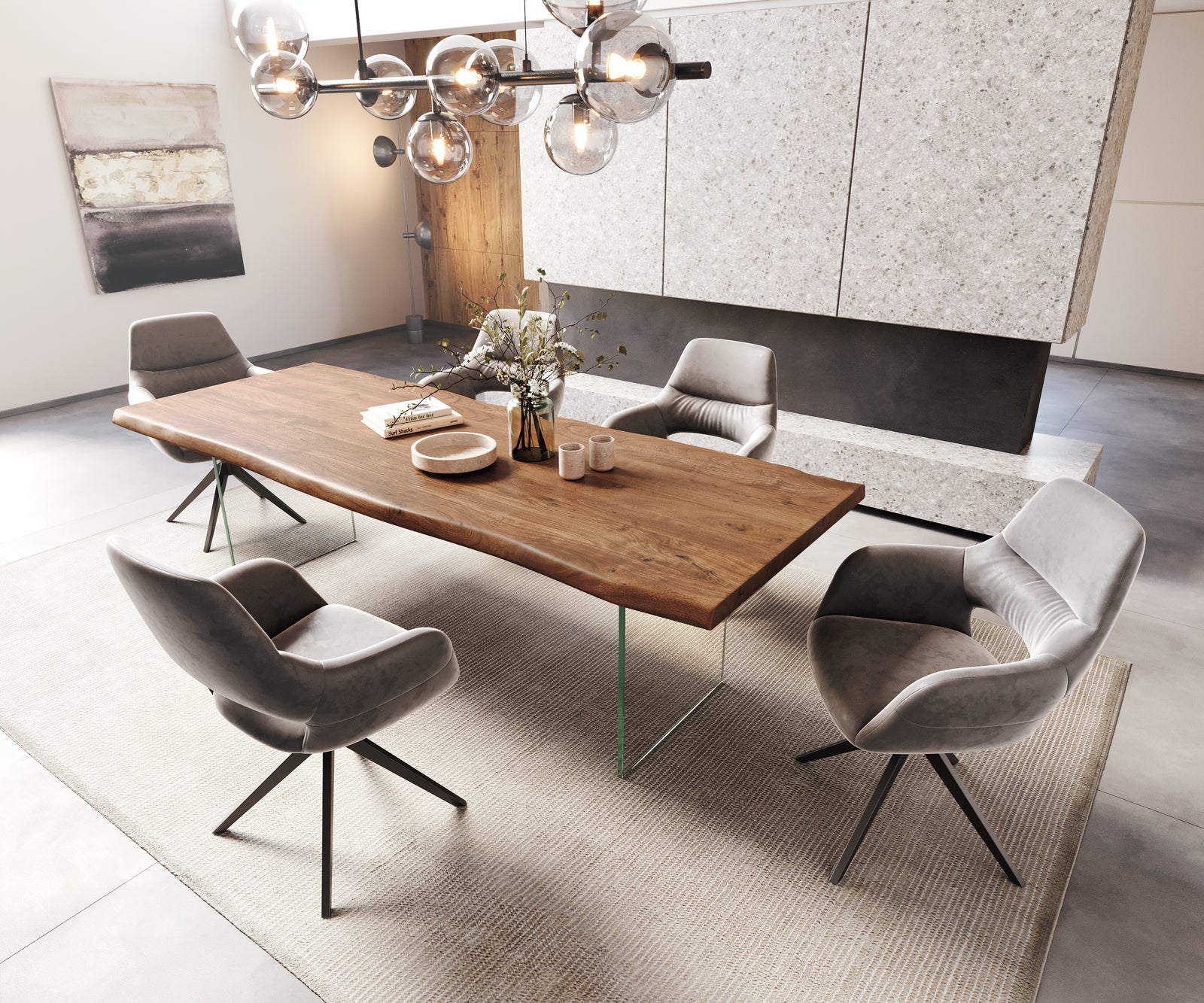 Dining Table Olympus Live Edge Acacia Wood Brown Glass Frame 180-300cm