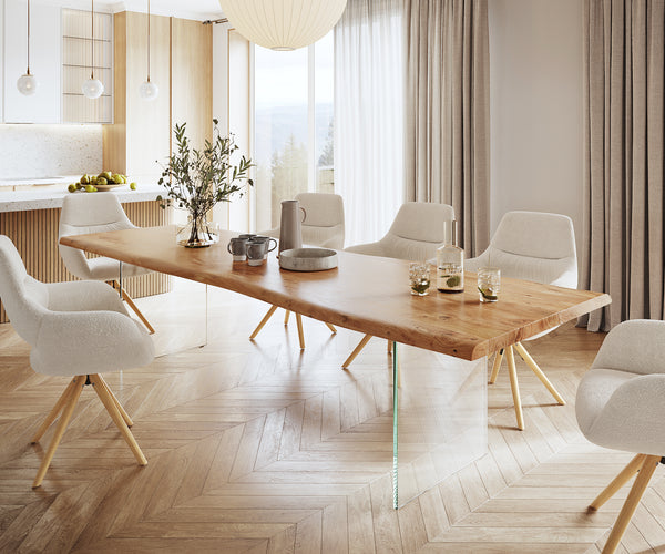Dining Table Olympus Live Edge Acacia Wood Natural Glass Frame 140-300cm