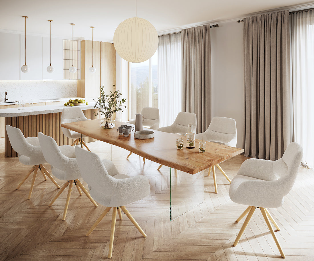 Dining Table Olympus Live Edge 300cm Acacia Wood Natural Glass Frame 55mm Top