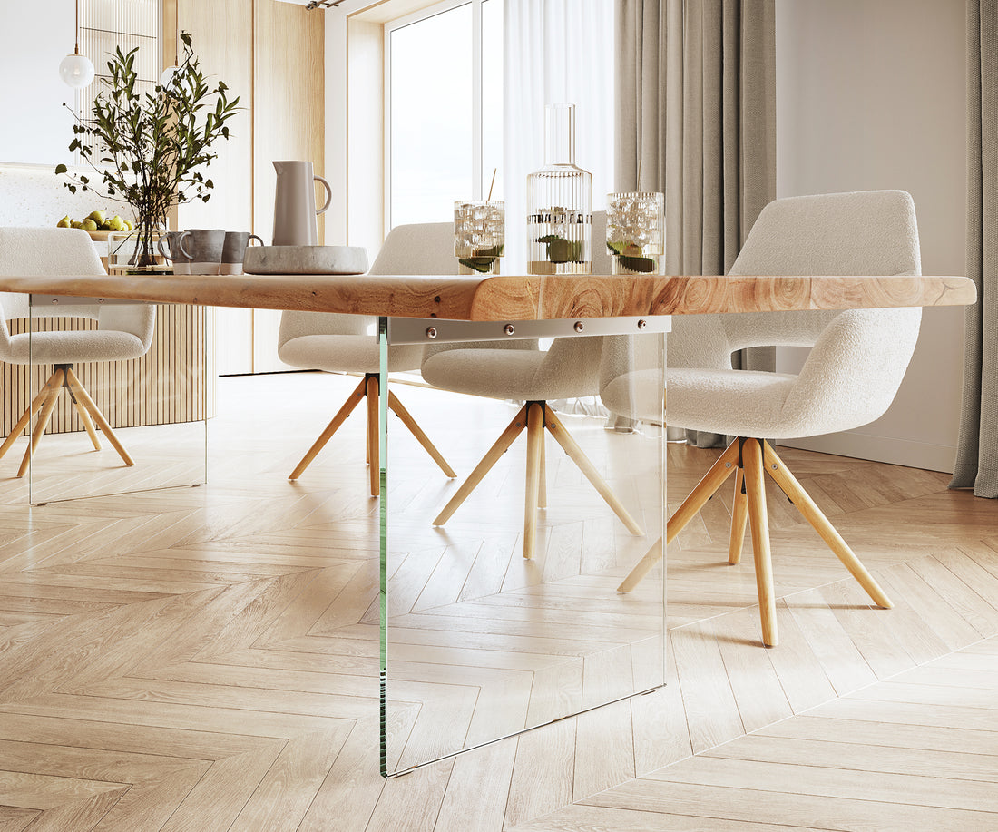 Dining Table Olympus Live Edge 300cm Acacia Wood Natural Glass Frame 55mm Top