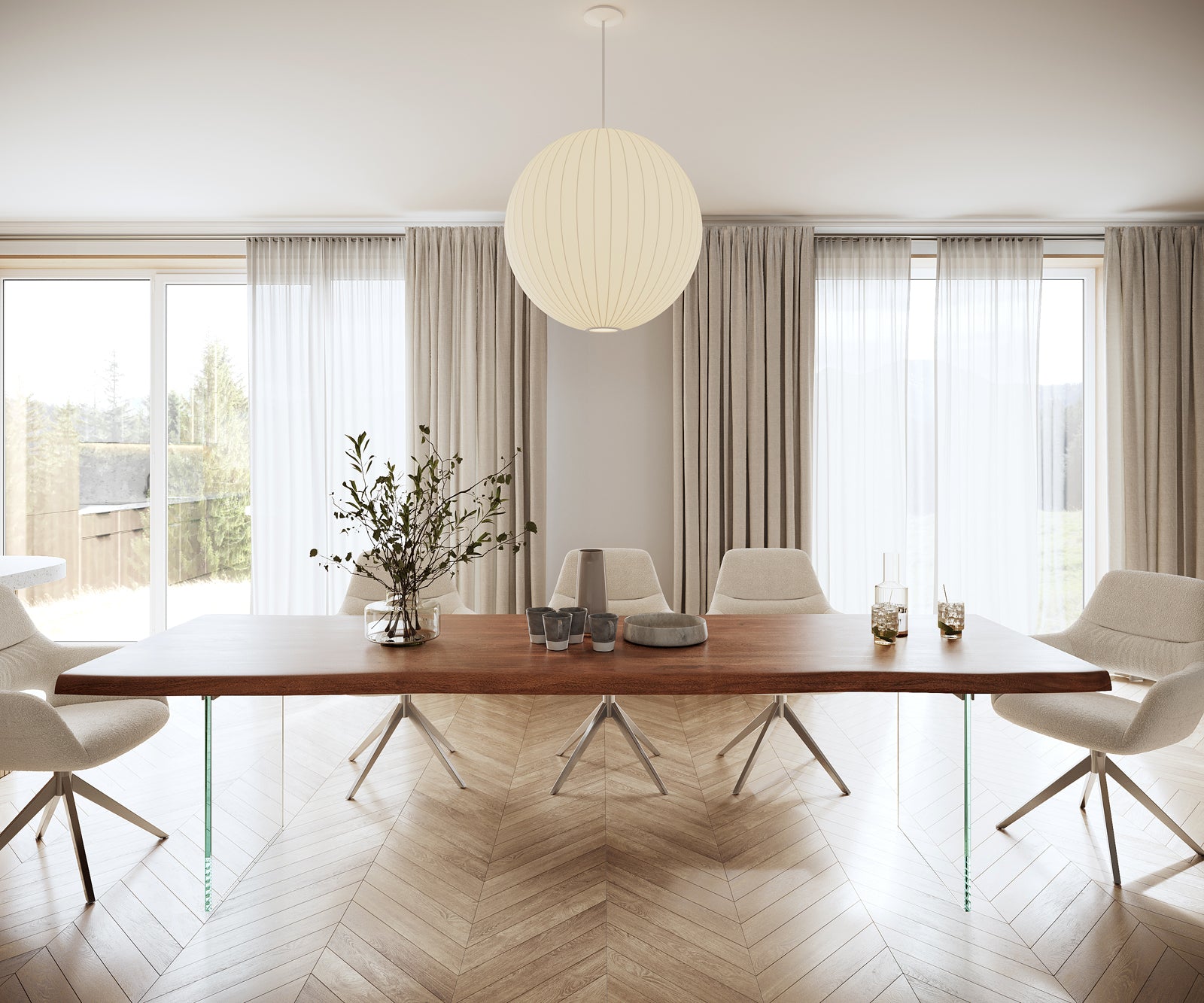 Dining Table Olympus Live Edge 300cm Acacia Wood Brown Glass Frame 55mm Top