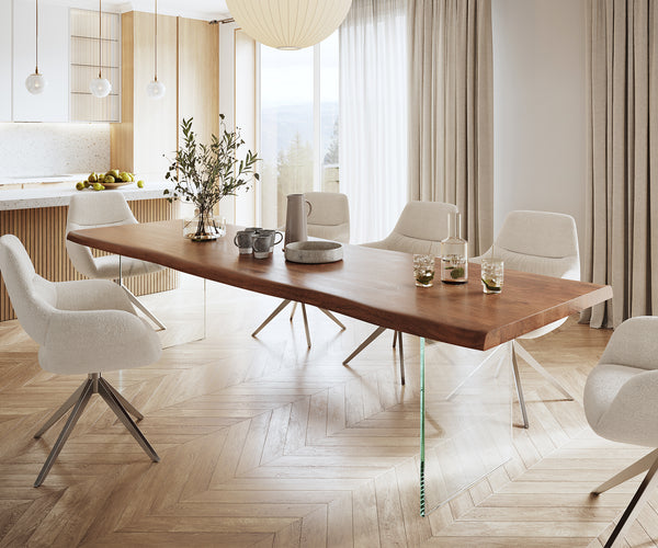 Dining Table Olympus Live Edge Acacia Wood Brown Glass Frame 180-300cm