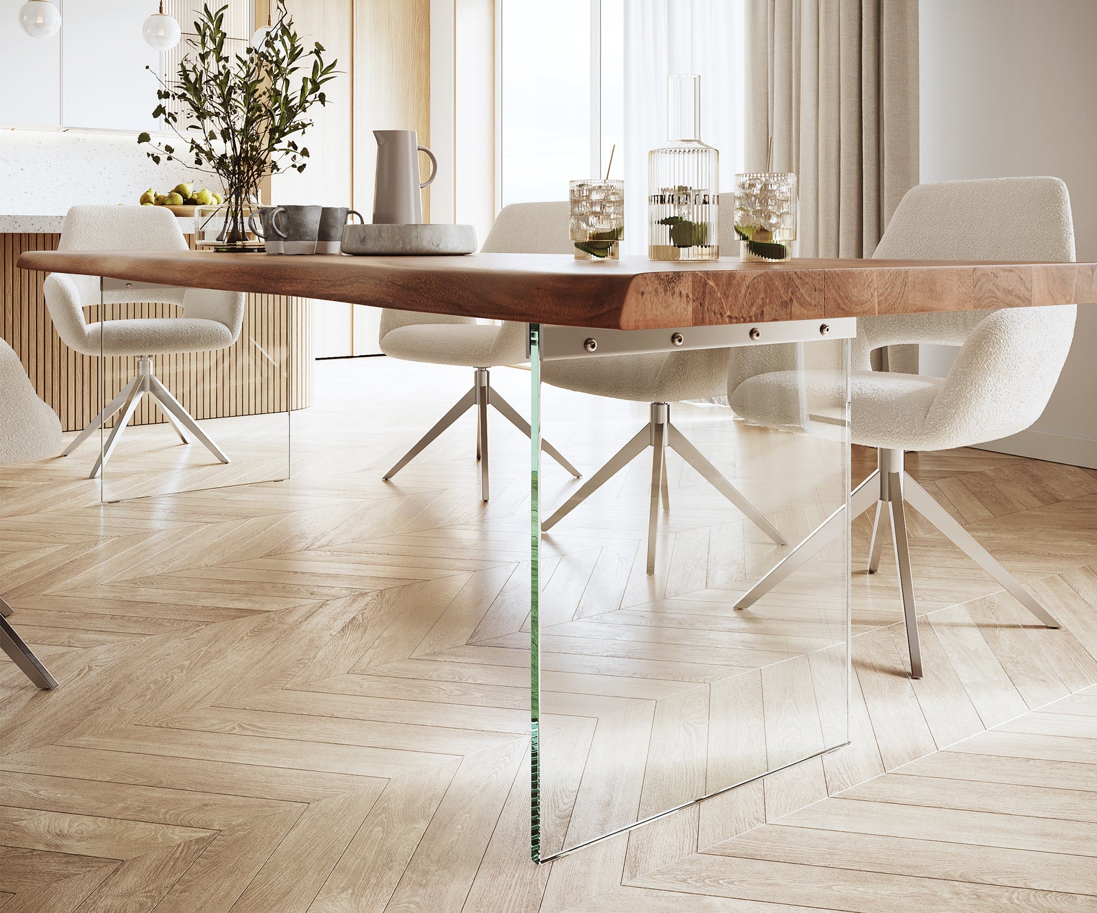 Dining Table Olympus Live Edge 300cm Acacia Wood Brown Glass Frame 55mm Top