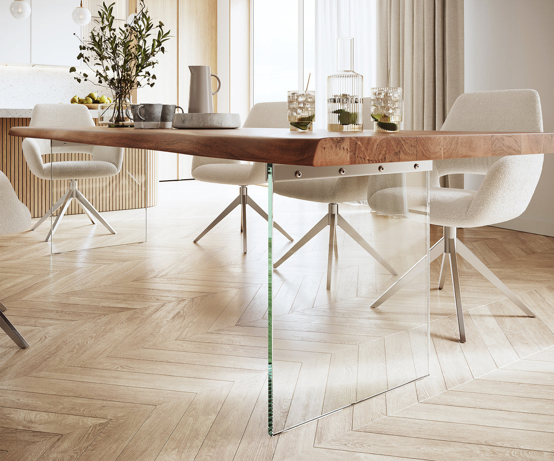 Dining Table Olympus Live Edge 300cm Acacia Wood Brown Glass Frame 55mm Top