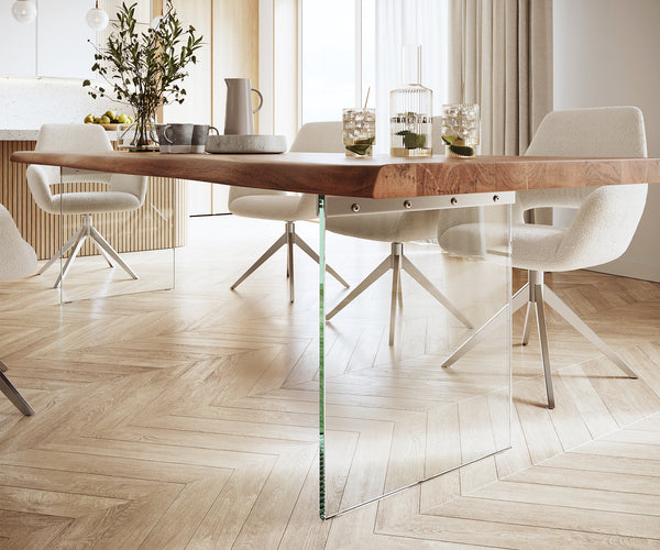 Dining Table Olympus Live Edge 300cm Acacia Wood Brown Glass Frame 55mm Top