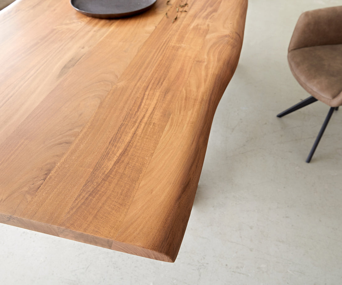 Dining Table Olympus Live Edge 260cm Acacia Wood Natural Glass Frame 35mm Top