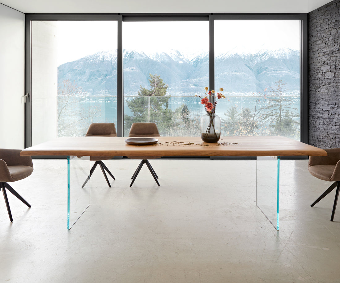 Dining Table Olympus Live Edge 260cm Acacia Wood Natural Glass Frame 35mm Top