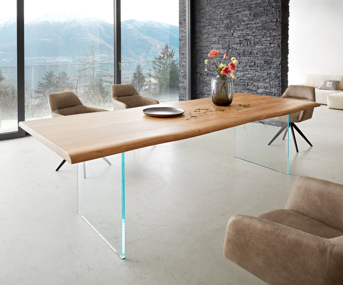 Dining Table Olympus Live Edge 260cm Acacia Wood Natural Glass Frame 35mm Top