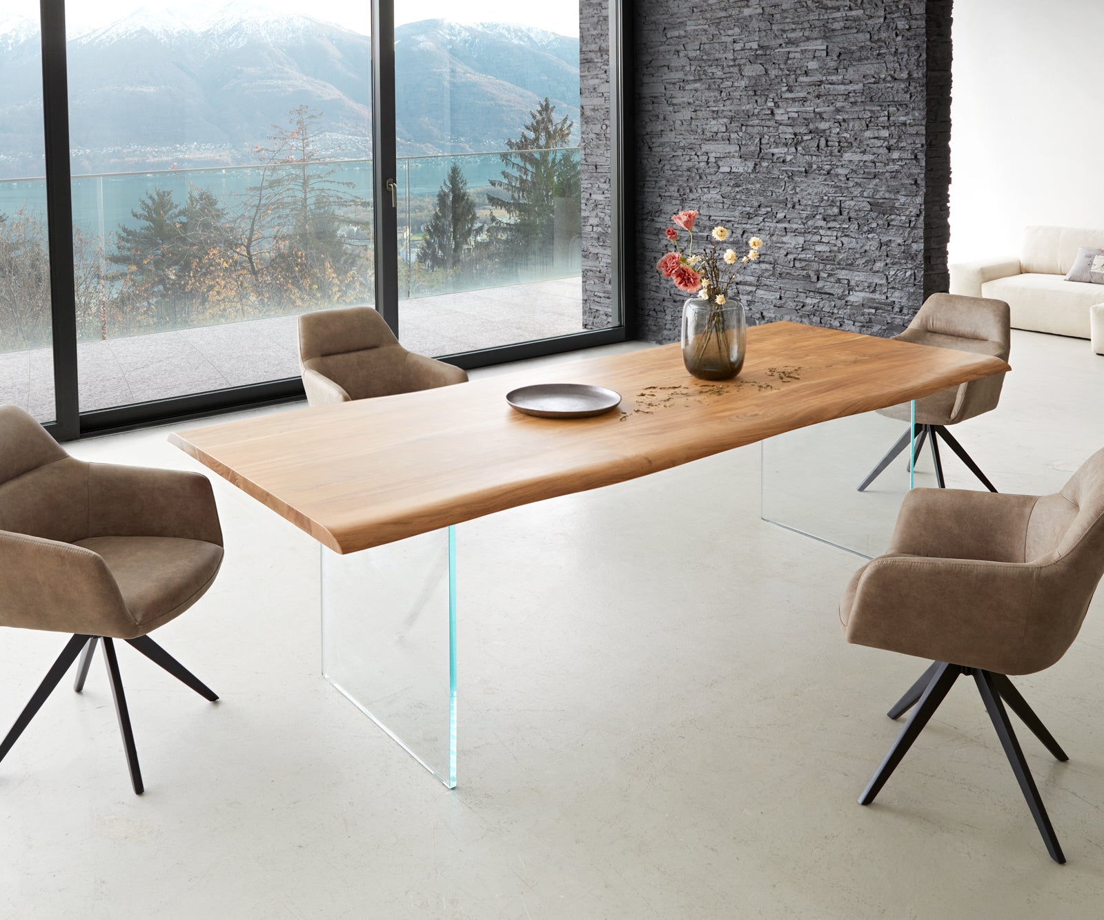 Dining Table Olympus Live Edge 260cm Acacia Wood Natural Glass Frame 35mm Top