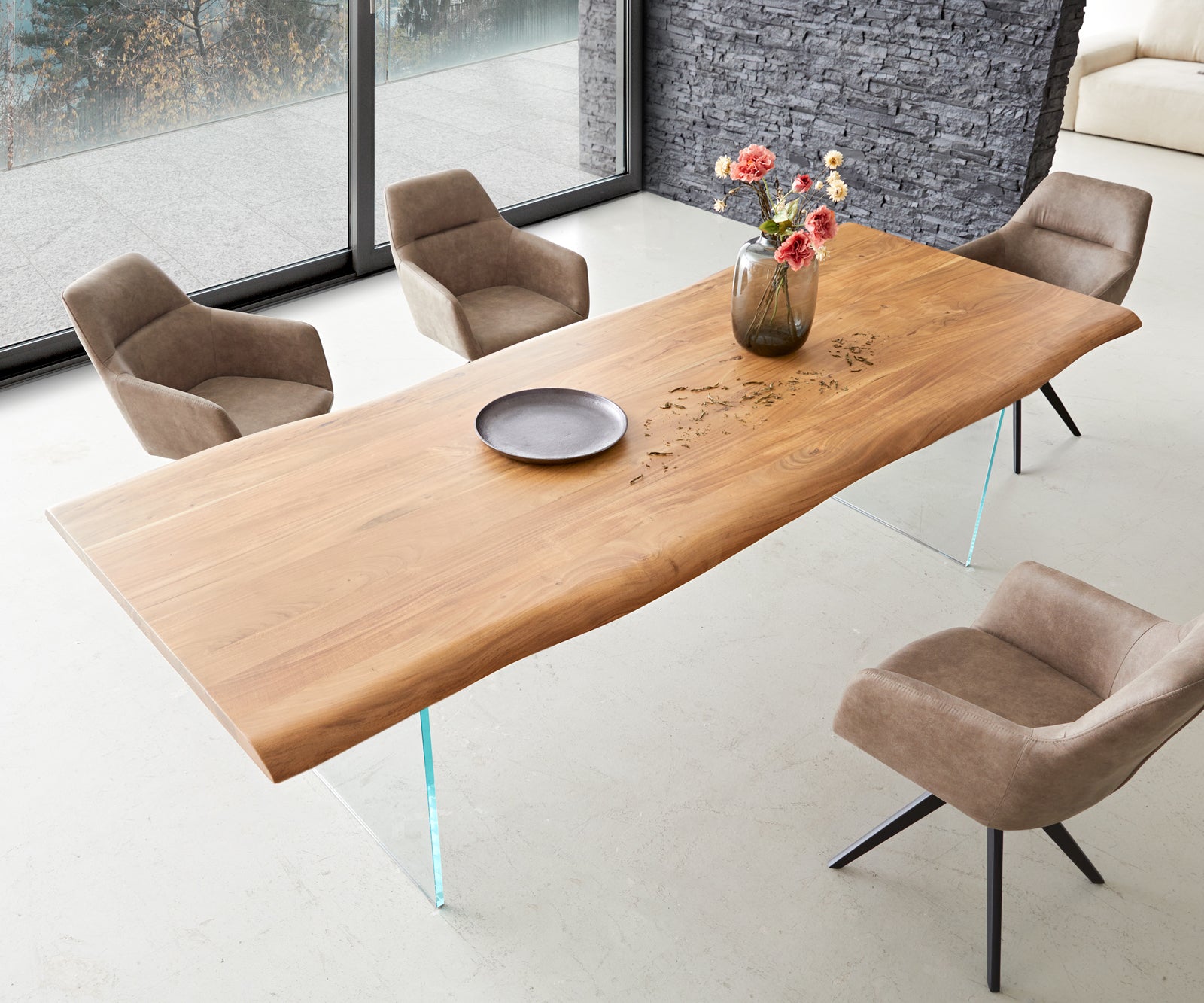 Dining Table Olympus Live Edge 260cm Acacia Wood Natural Glass Frame 35mm Top