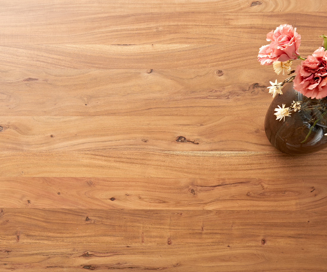 Dining Table Olympus Live Edge 260cm Acacia Wood Natural Glass Frame 35mm Top