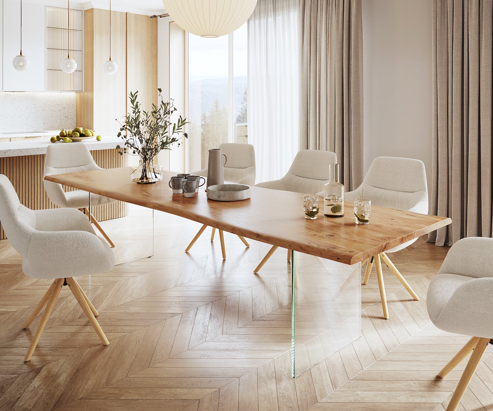 Dining Table Olympus Live Edge Acacia Wood Natural Glass Frame 140-300cm