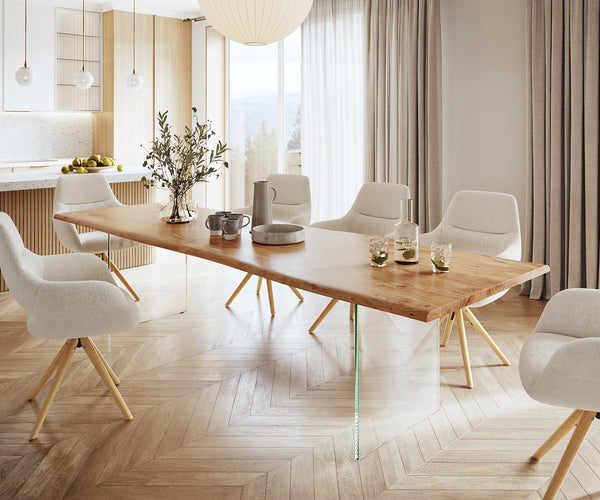 Dining Table Olympus Live Edge Acacia Wood Natural Glass Frame 140-300cm