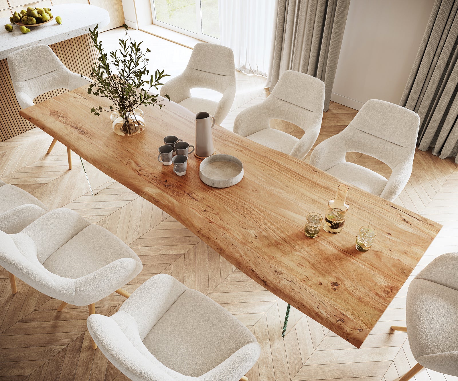 Dining Table Olympus Live Edge Acacia Wood Natural Glass Frame 140-300cm