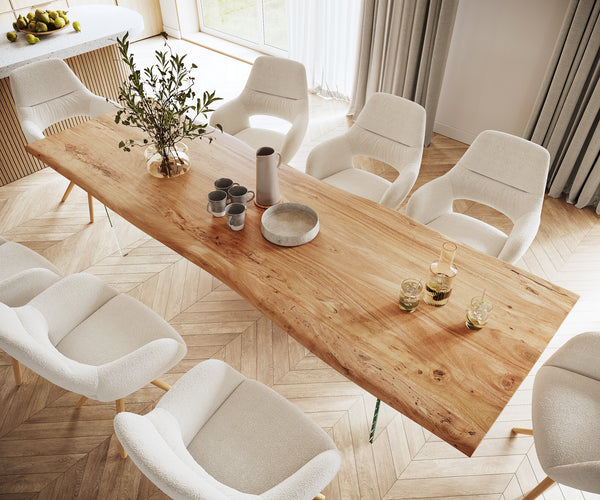 Dining Table Olympus Live Edge Acacia Wood Natural Glass Frame 140-300cm