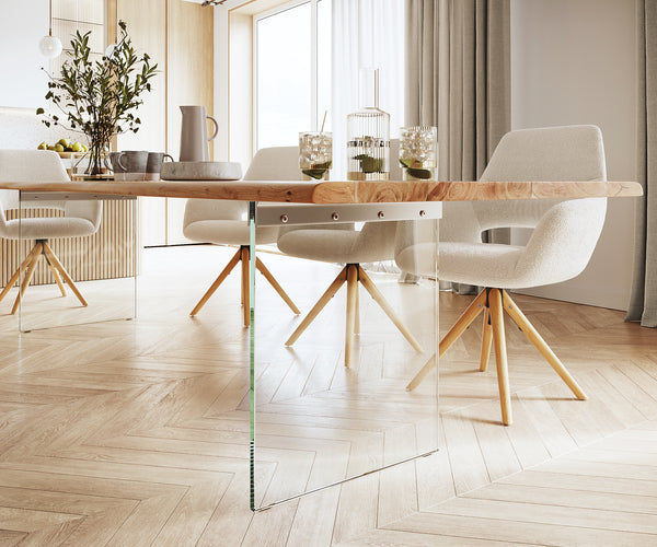 Dining Table Olympus Live Edge Acacia Wood Natural Glass Frame 140-300cm