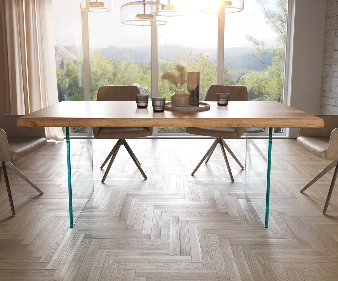 Dining Table Olympus Live Edge 180cm Acacia Wood Natural Glass Frame 55mm Top