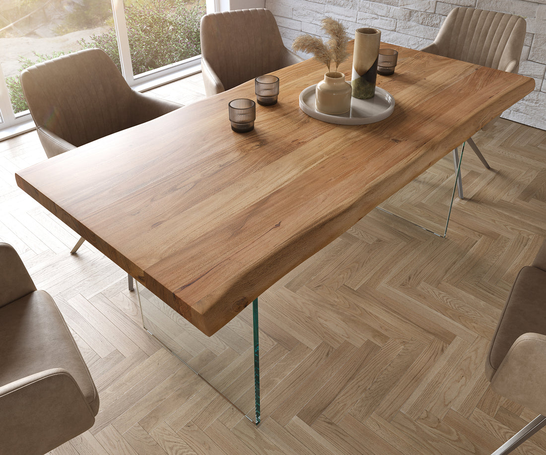 Dining Table Olympus Live Edge 180cm Acacia Wood Natural Glass Frame 55mm Top