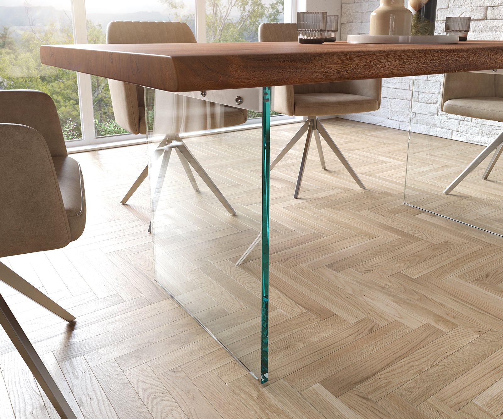 Dining Table Olympus Live Edge 180cm Acacia Wood Brown Glass Frame 55mm Top