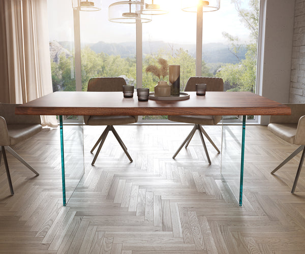 Dining Table Olympus Live Edge 180cm Acacia Wood Brown Glass Frame 55mm Top