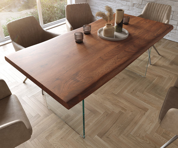 Dining Table Olympus Live Edge 180cm Acacia Wood Brown Glass Frame 55mm Top