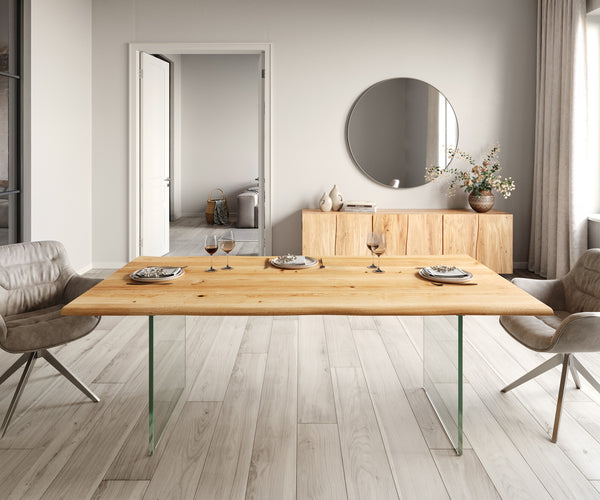 Dining Table Olympus Live Edge 200cm Oak Wood Natural Glass Frame 32mm Top