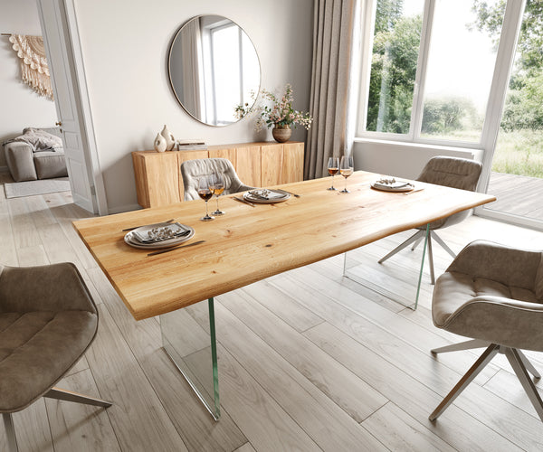 Dining Table Olympus Live Edge 200cm Oak Wood Natural Glass Frame 32mm Top