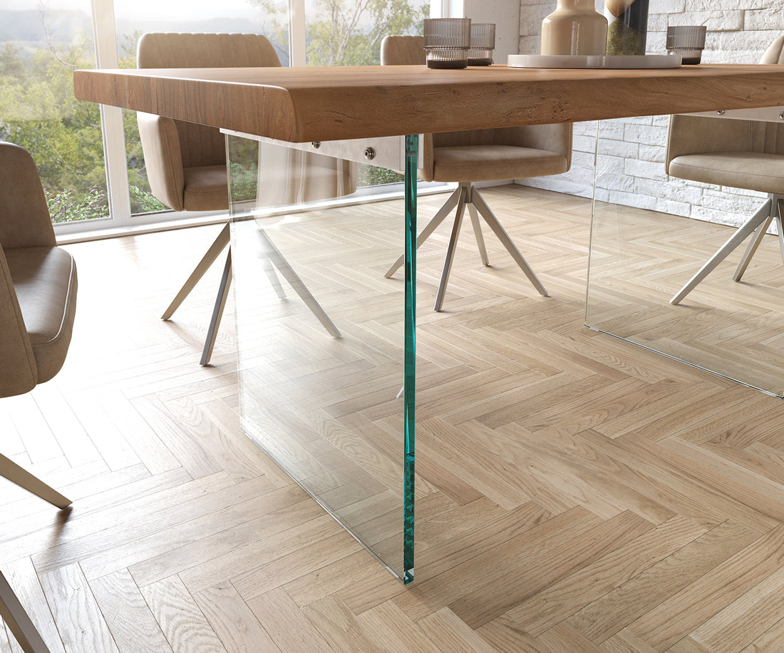 Dining Table Olympus Live Edge 160cm Acacia Wood Natural Glass Frame 55mm Top