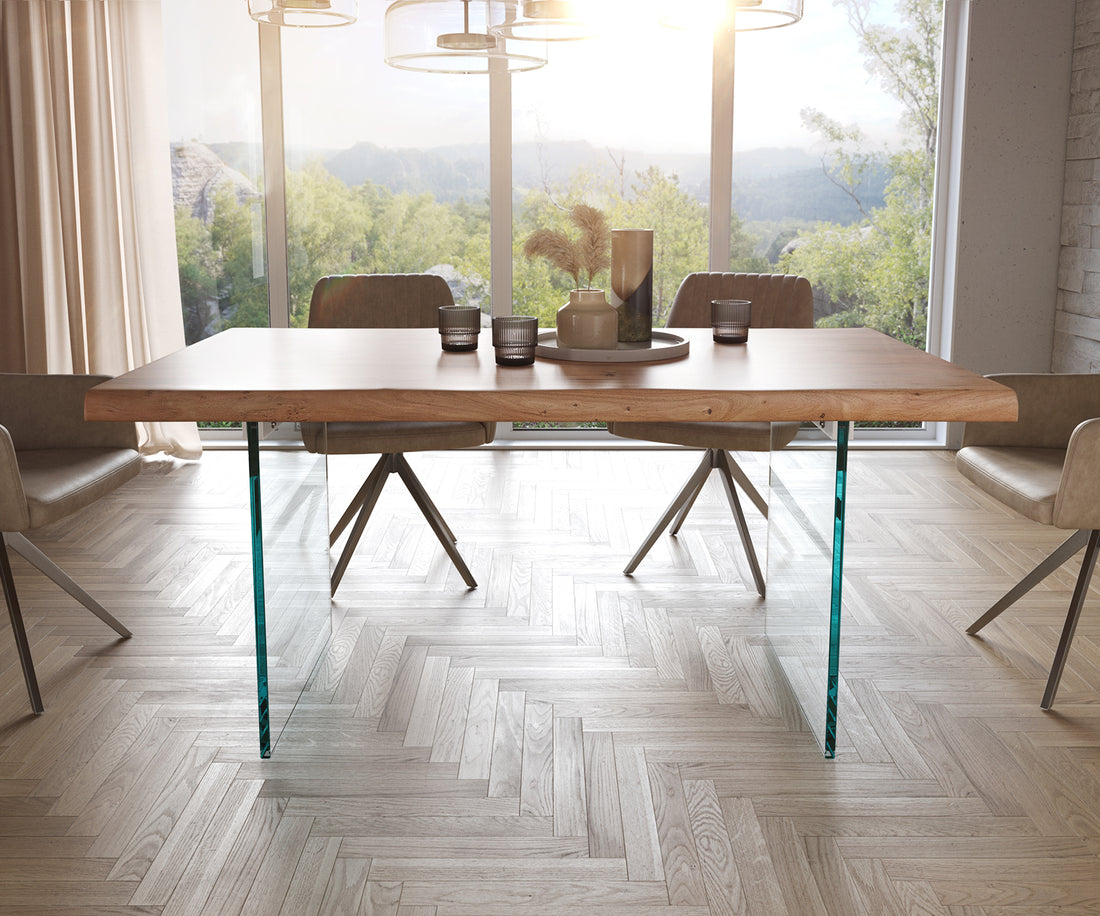 Dining Table Olympus Live Edge 160cm Acacia Wood Natural Glass Frame 55mm Top