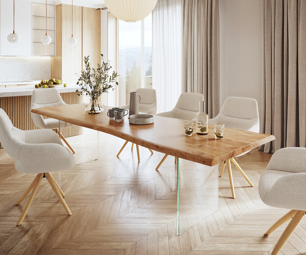 Dining Table Olympus Live Edge Acacia Wood Natural Glass Frame 140-300cm