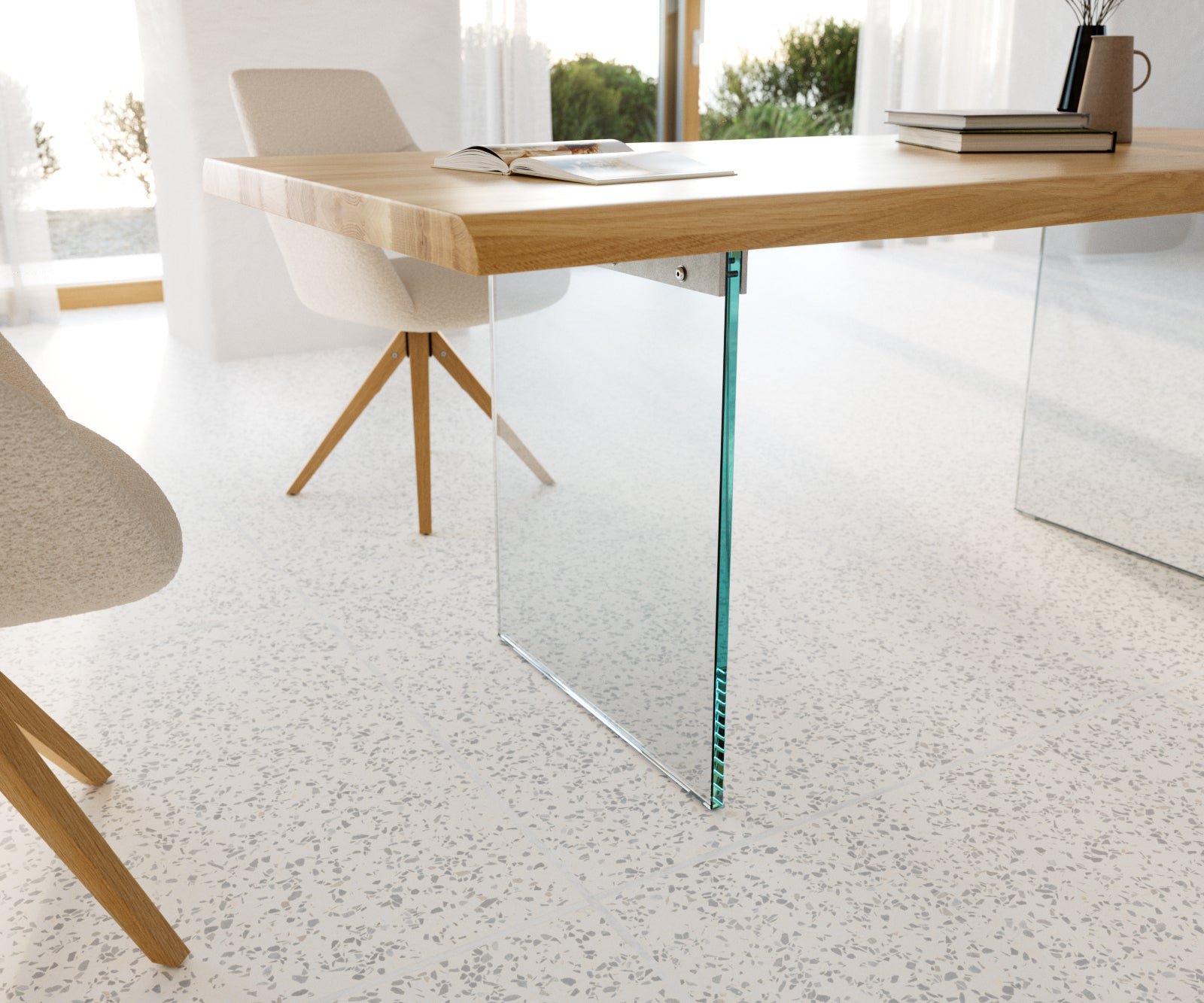 Dining Table Olympus Live Edge 200cm Oak Wood Natural Glass Frame 50mm Top