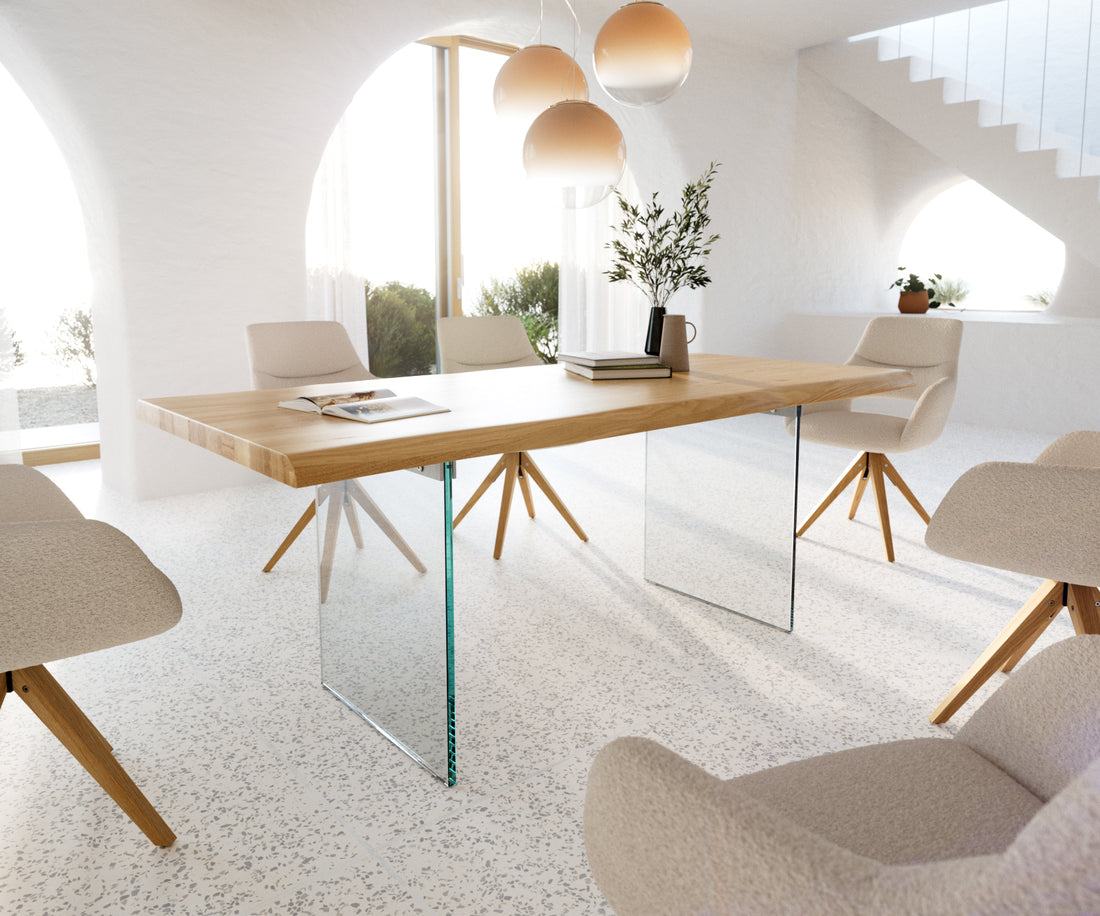 Dining Table Olympus Live Edge 200cm Oak Wood Natural Glass Frame 50mm Top