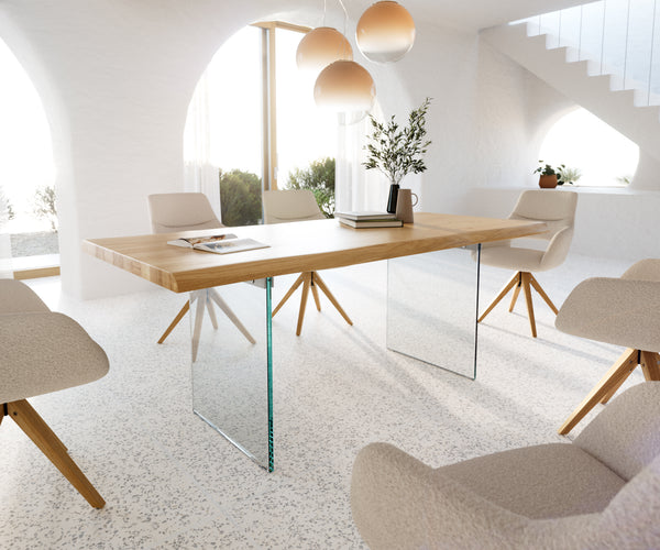 Dining Table Olympus Live Edge 200cm Oak Wood Natural Glass Frame 50mm Top