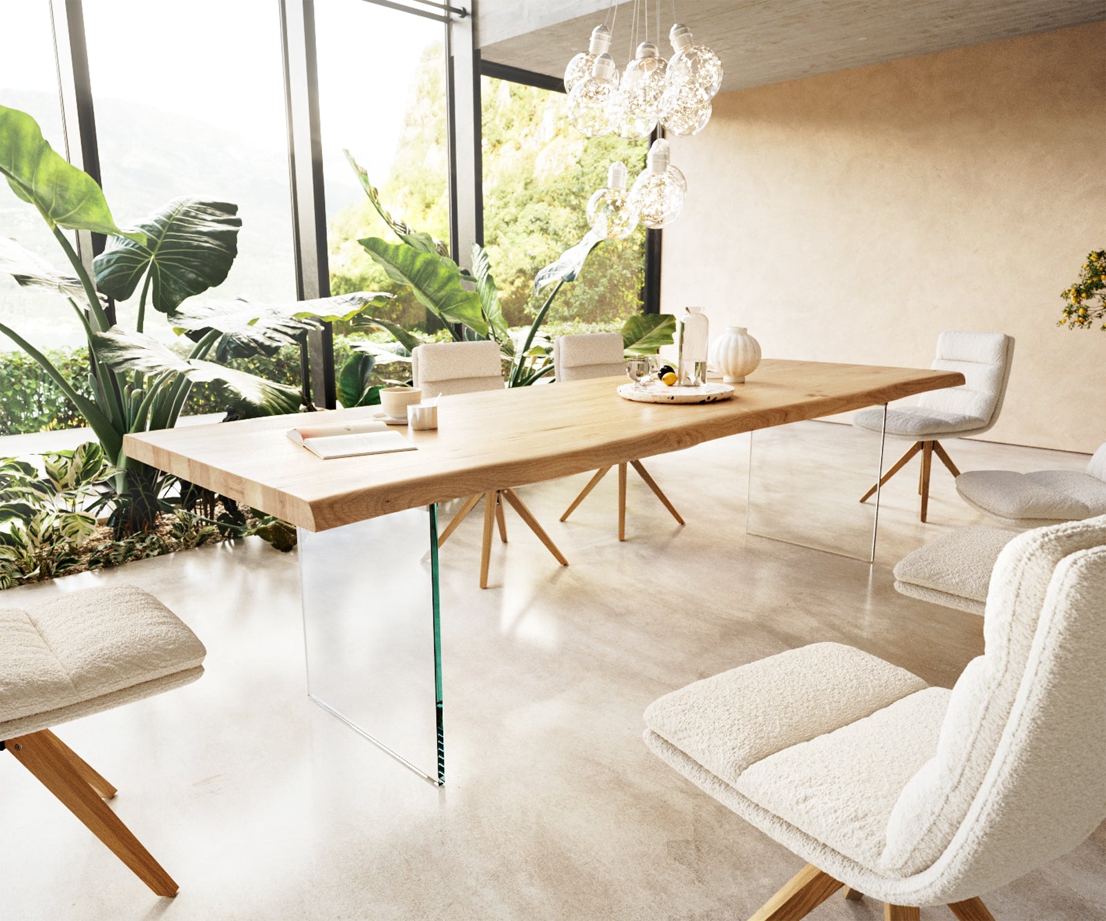 Dining Table Olympus Live Edge 300cm Oak Wood Natural Glass Frame 50mm Top