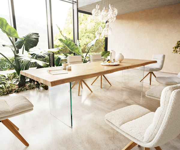 Dining Table Olympus Live Edge 300cm Oak Wood Natural Glass Frame 50mm Top