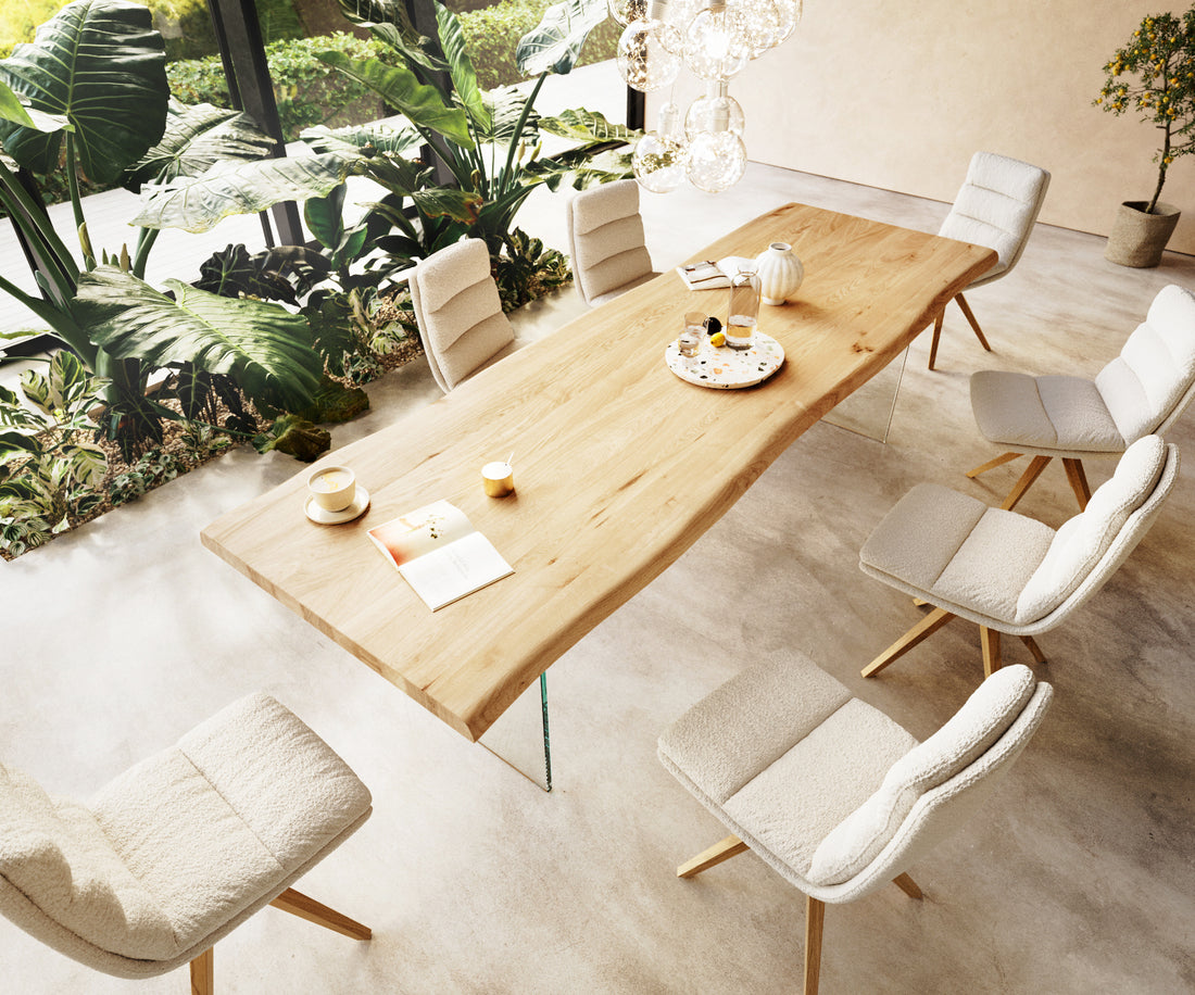 Dining Table Olympus Live Edge 300cm Oak Wood Natural Glass Frame 50mm Top