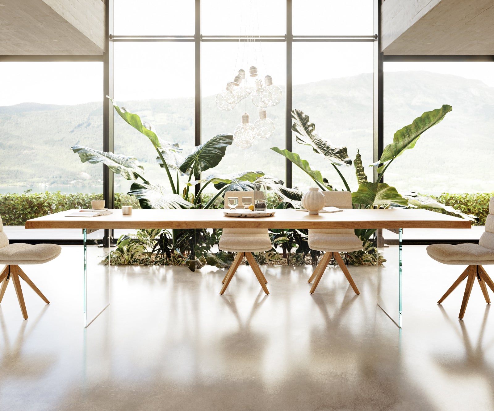 Dining Table Olympus Live Edge 300cm Oak Wood Natural Glass Frame 50mm Top